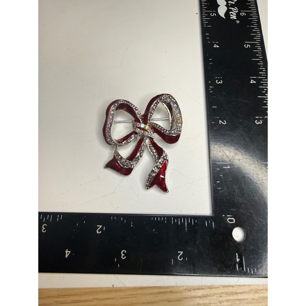 Red Enamel Bow Brooch Silver Tone Rhinestone Ribbon Pin Holiday Accessory - Picture 2 of 3